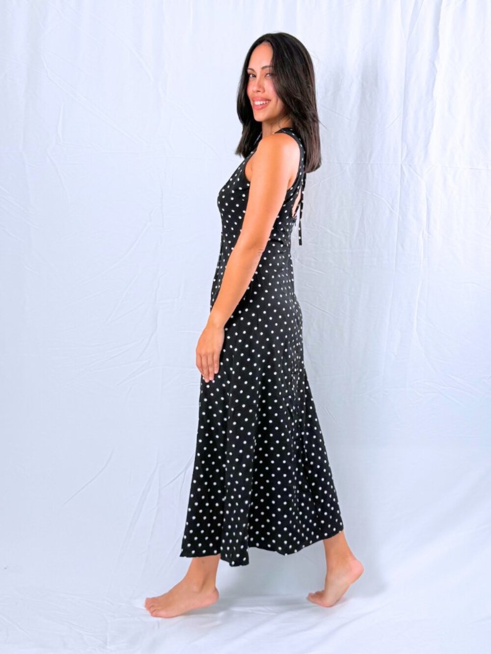 Black & White Polka Dot Maxi Dress | Open Back Tie Neck | S